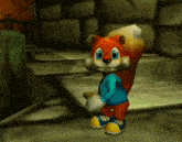 a cartoon squirrel with a blue shirt and yellow shoes