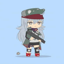 a drawing of a girl holding a gun with the letters g on her knee