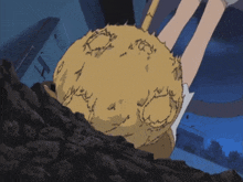 a cartoon drawing of a person holding a ball with a sun on it