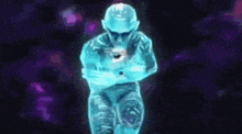 a silhouette of a man with his arms crossed and a helmet on against a purple background .