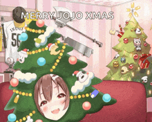 a merry jojo xmas greeting card with a girl in a christmas tree costume