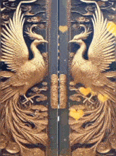 a painting of two birds on a door with hearts in the background .
