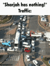 an aerial view of a busy intersection with the words " sharjah has nothing traffic "