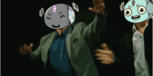 a man in a suit with a cartoon character on his head
