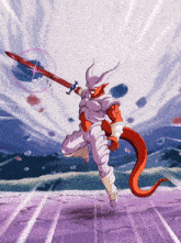 a cartoon character with horns holding a sword