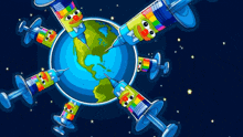 a cartoon illustration of syringes with faces on them surrounding the earth