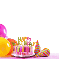 a birthday cake with candles that say happy birthday is surrounded by balloons and party hats