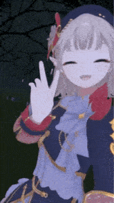 a girl in a blue dress is giving a peace sign .