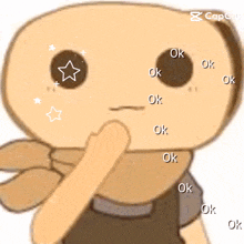 a cartoon character with a star on his eye and the word ok on his face