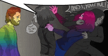 a cartoon of a man talking to a woman with pink hair and a speech bubble .