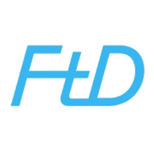 a blue letter f and a white letter d on a white background .