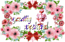 a greeting card that says gezellig weekend with flowers around it