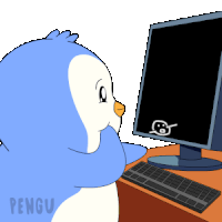 a penguin is looking at a computer screen with the word pengu on the bottom left