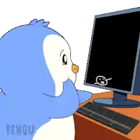a penguin is looking at a computer screen with the word pengu on the bottom left