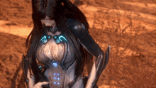 a woman in a futuristic outfit has a blue light on her chest and arms