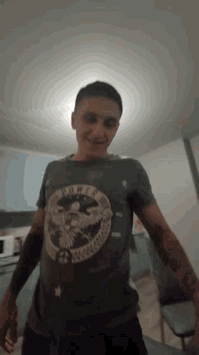 a man wearing a t-shirt that says power