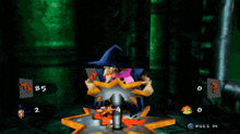 a video game shows a witch holding a cannon with the number 4 in the middle