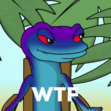 a purple lizard with red eyes is sitting in a chair with the words wtf written below it