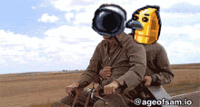 a cartoon of two men riding a motorcycle with ageofsam.io in the corner