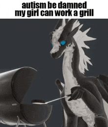 a black and white dragon is standing next to a grill and holding a spoon .
