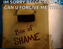 a cardboard box has the words box of shame written on it