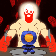 a cartoon drawing of a man with a beard holding a knife and fork and a stuffed toy