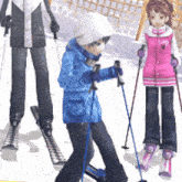 a girl in a pink jacket is skiing with a boy in a blue jacket behind her