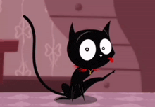 a black cat with a red tongue sticking out is wearing a collar with the letter y on it