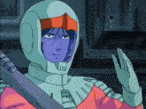 a cartoon character with a purple helmet and gloves is holding a gun