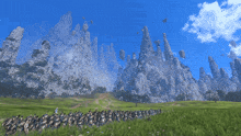 a group of people standing in a grassy field in front of a mountain