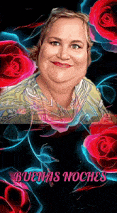a woman is surrounded by red roses and the words buenas noches are on the bottom