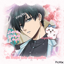 a picture of a boy with the words love love love written above him