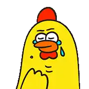 a yellow chicken with a red crest is crying with tears in its eyes .