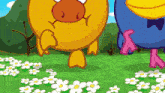 a yellow cartoon character with a big nose is standing in a field of flowers