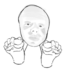 a black and white drawing of a man 's face with his hands in front of it