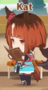 a little girl with red hair is reading a book in a game .