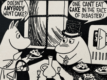 a black and white drawing of two characters talking about cake