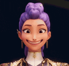 a close up of a cartoon character with purple hair and earrings smiling .