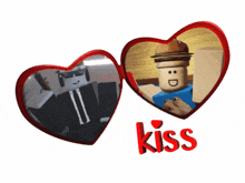 two red hearts with a picture of a man and a hamburger and the word kiss on the bottom