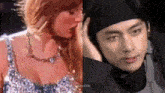 a woman is kissing a man on the forehead while a man looks on .