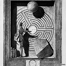 a black and white drawing of a man standing in front of a maze with pixiz written on the bottom right