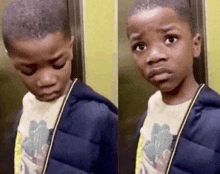a young boy in an elevator is making a funny face .