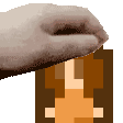 a pixel art of a person 's face with a hand reaching out towards it .