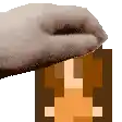 a pixel art of a person 's face with a hand reaching out towards it .