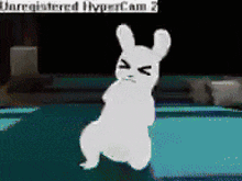 a white rabbit is standing on its hind legs with an angry expression on its face ..