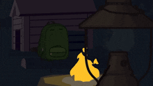 a cartoon illustration of a campfire with a backpack in the background