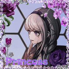 a picture of a girl surrounded by purple flowers and the word princess on the bottom