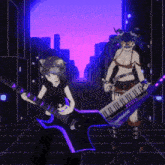 a girl playing a guitar and another girl holding a keyboard that says ' thunder ' on it