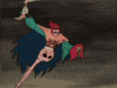 a person is holding a sword in front of a cloudy sky in a cartoon .