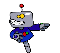 a cartoon drawing of a robot wearing a blue shirt and waving